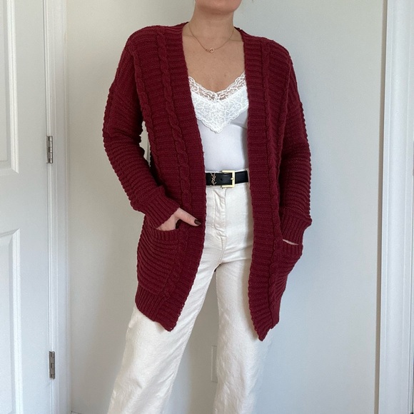 Cable Knit Pattern Open Front Cardigan With Pocket - Picture 2 of 10